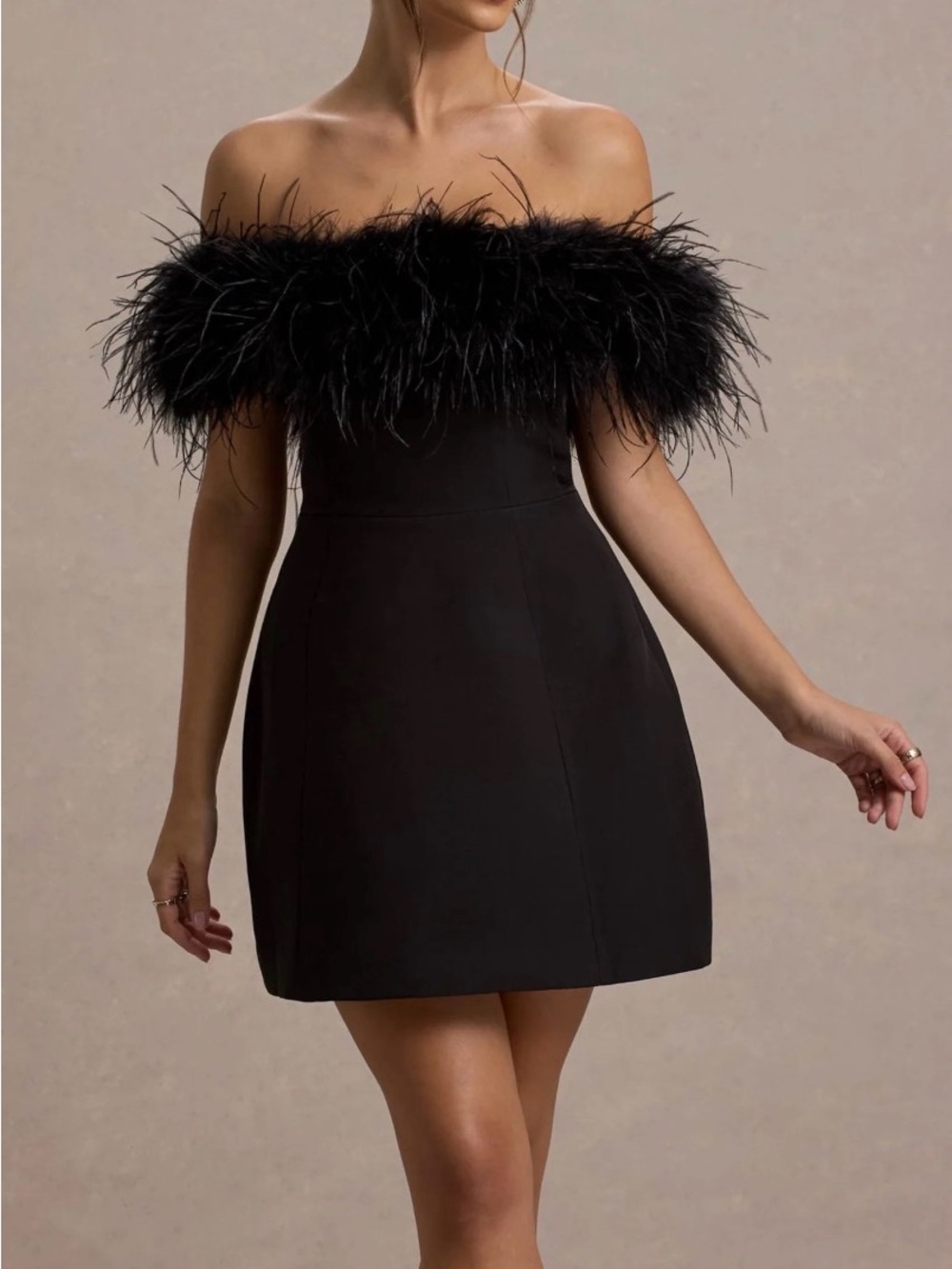 Club L London Black Off-Shoulder Feather Trim Mini Dress